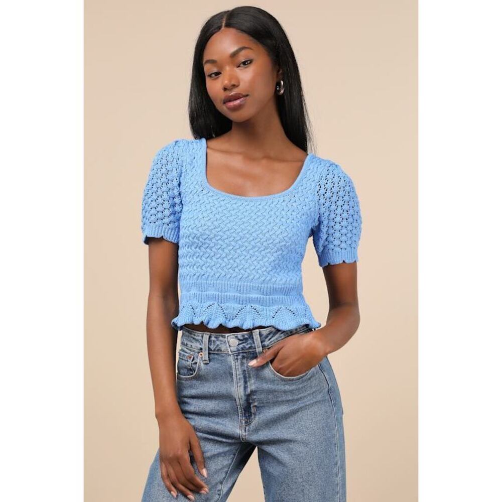 Lulus Lucky Cutie Blue Crochet Short Sleeve Sweater Top - Size M